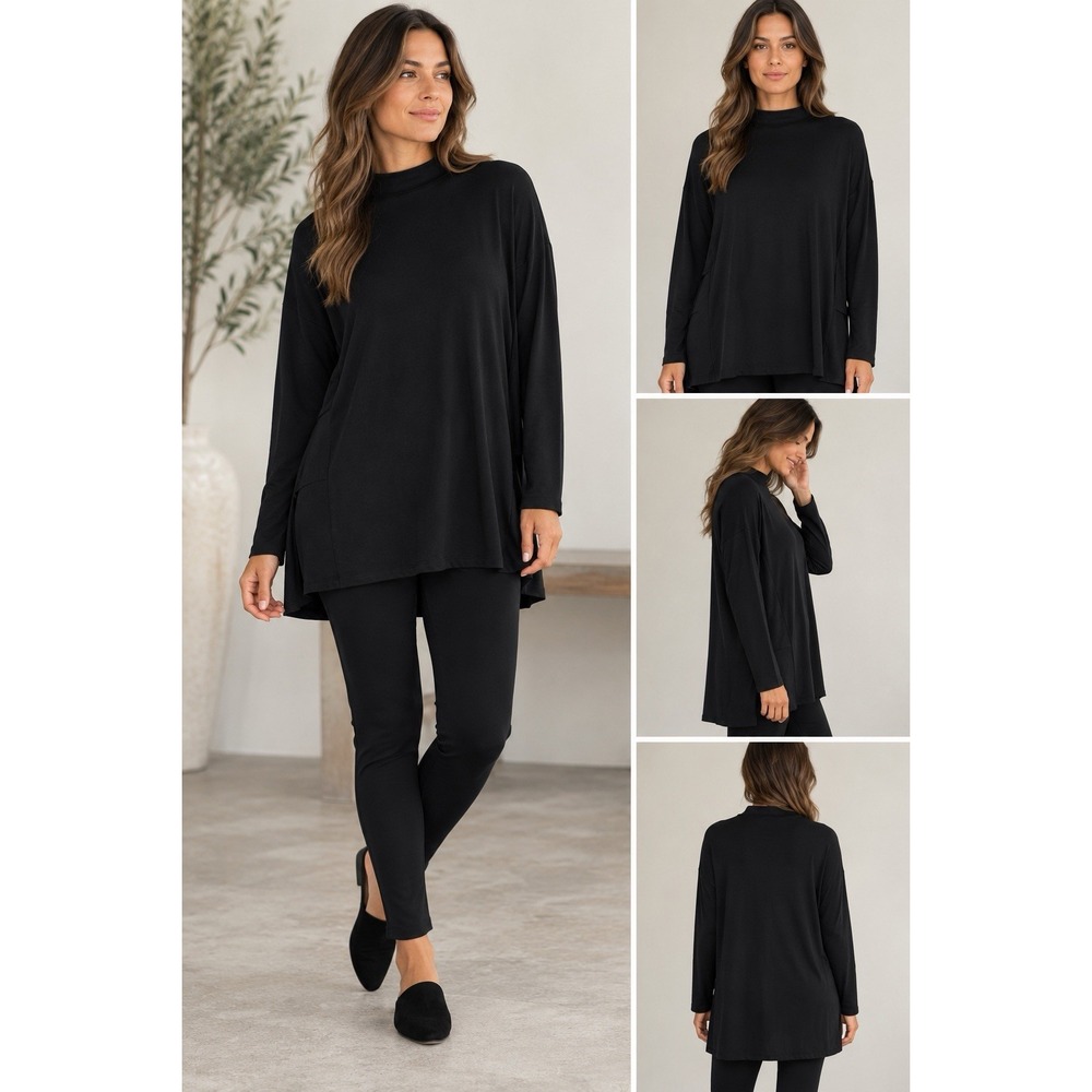 Eileen Fisher S/P Black Mock Neck Long Sleeve Relaxed Tunic Top Petite
